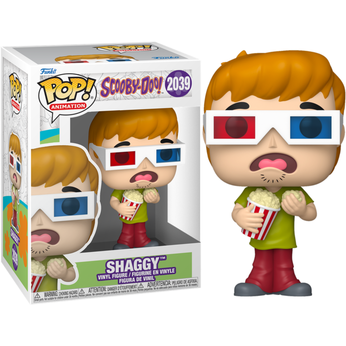 Funko Pop Shaggy Vinyl-Figur mit 3D-Brille und Popcorn-Beimer, gezeigt in und neben der Verpackung.