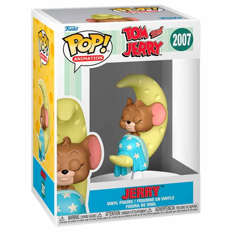 Funko Pop Vinyl Figur von Jerry aus Tom und Jerry, der auf einem Mond mit blauer Decke schläft.