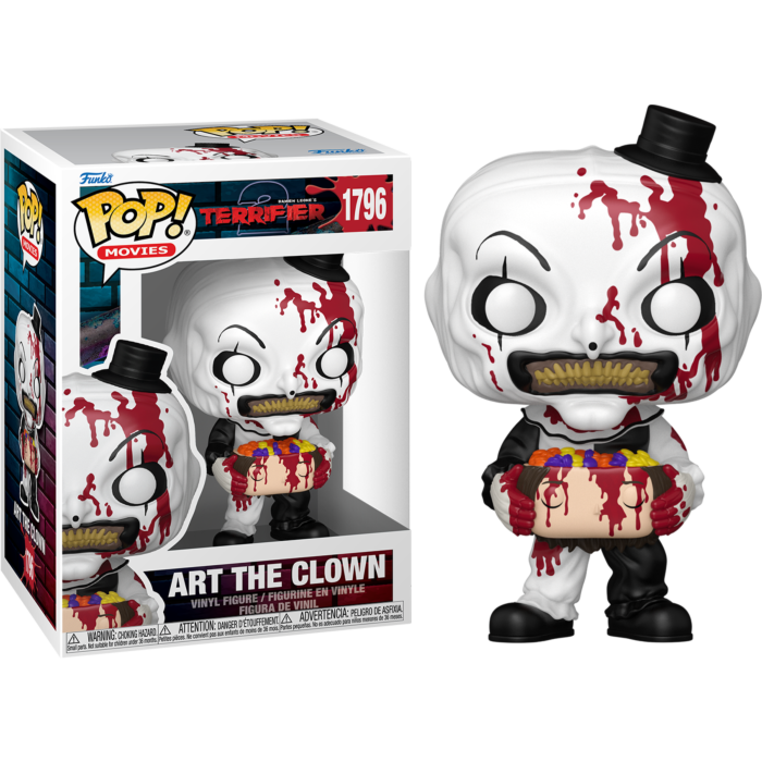 Figura Funko Pop de Art the Clown y su caja, con cara blanca, salpicaduras de sangre y un sombrero de copa.