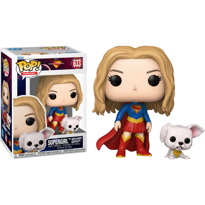 Figura de vinilo Funko Pop de Supergirl con capa roja, traje azul y el perro Krypto al lado de su caja.