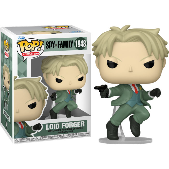 Figura de vinilo Funko Pop de Loid Forger con cabello rubio, traje verde y pistola, junto a su caja.