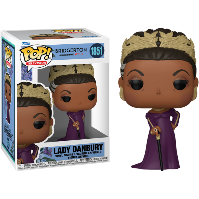 Figura de vinilo Funko Pop de Lady Danbury con corona y vestido morado con bastón, junto a su caja.