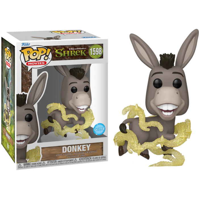 Figura de vinilo Funko Pop Shrek Donkey con purpurina amarilla y caja en negro.