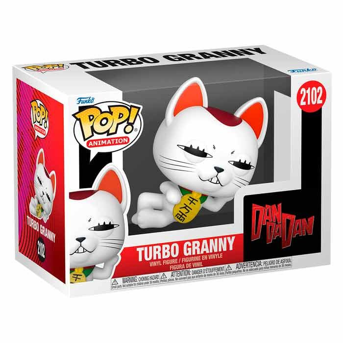 Una figura de vinilo Pop! Animation Turbo Granny en su caja original blanca, roja y negra.