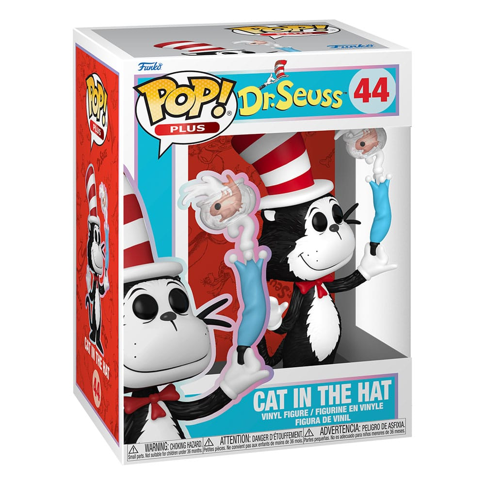 Una figura de vinilo Funko Pop de El Gato en el Sombrero en una caja de coleccionista.