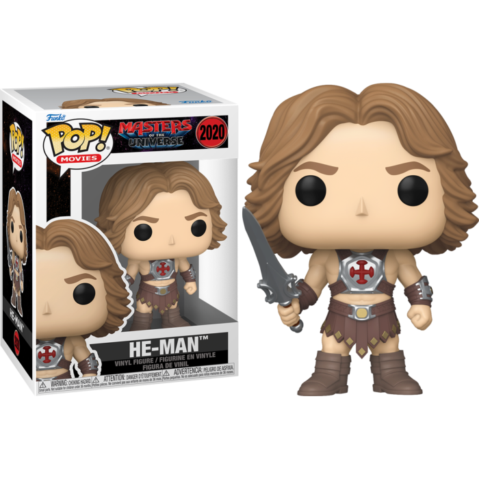 Figura de vinilo Funko Pop de He-Man con una espada, junto a su caja de producto.