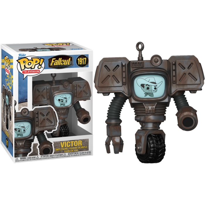 Figura de vinilo Funko Pop de Fallout Victor en caja y de pie con base de rueda y pantalla de vaquero.