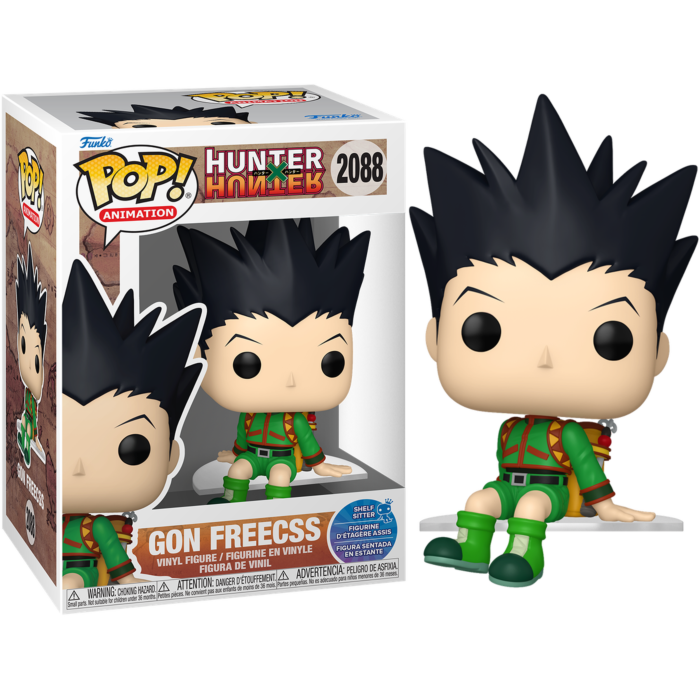 Figura Funko Pop de Gon Freecss de Hunter x Hunter sentado en un estante, mostrada con su caja.
