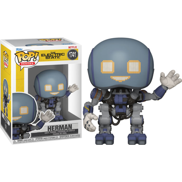 Figura de vinilo Funko Pop de Herman de The Electric State con su caja de embalaje sobre fondo negro.