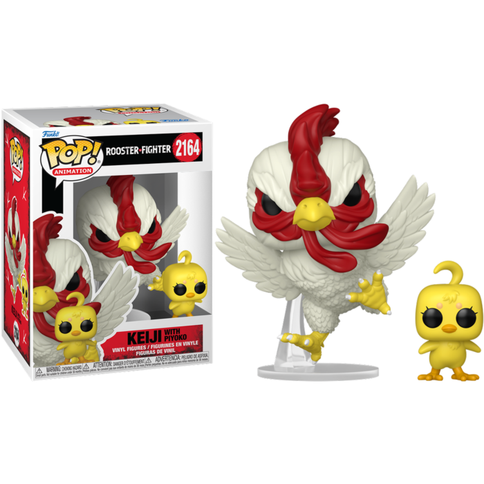 Figuras Funko Pop Keiji con Piyoko fuera y en su caja, gallo blanco y pollito amarillo.
