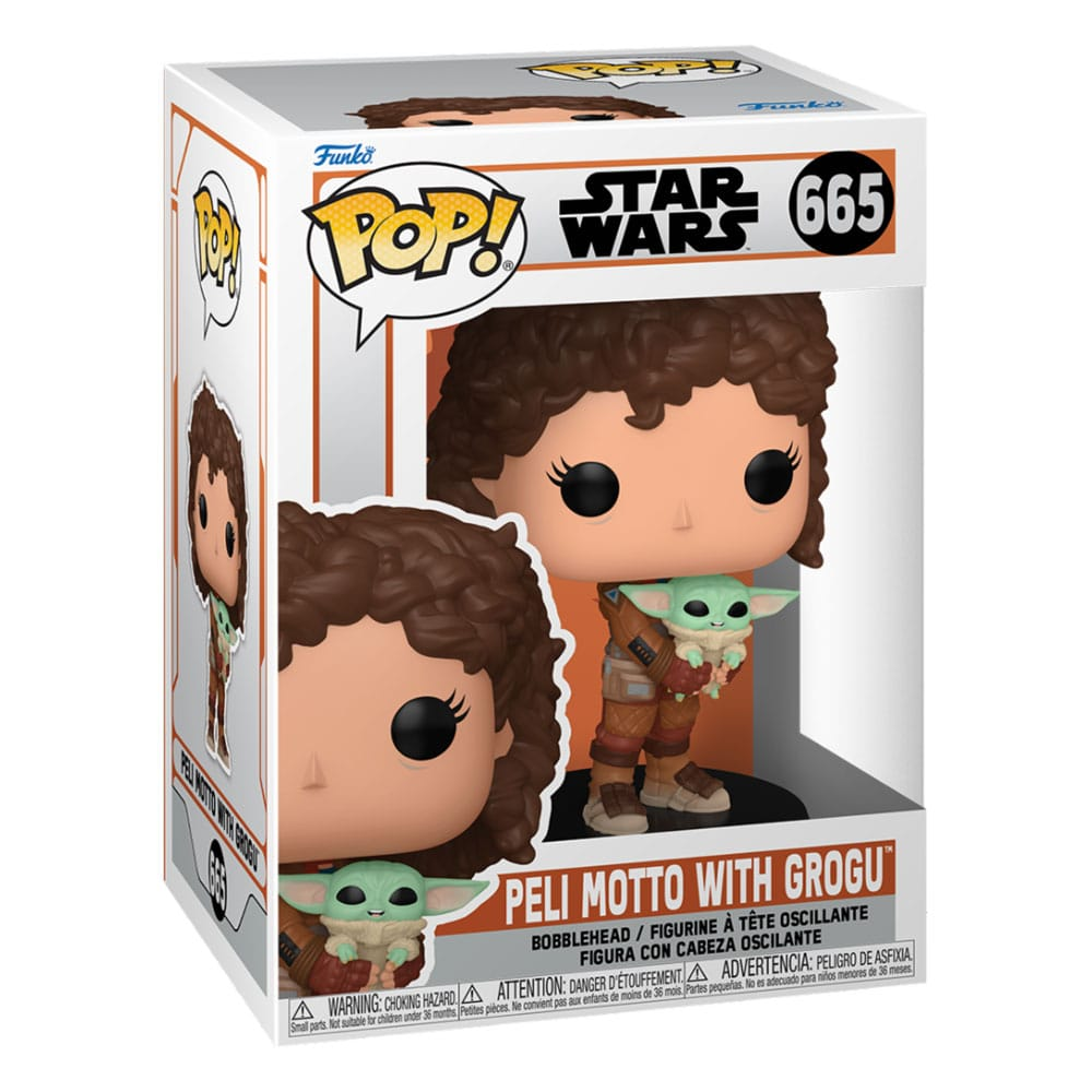 Figurine Funko Pop Star Wars de Peli Motto avec Grogu dans sa boîte.