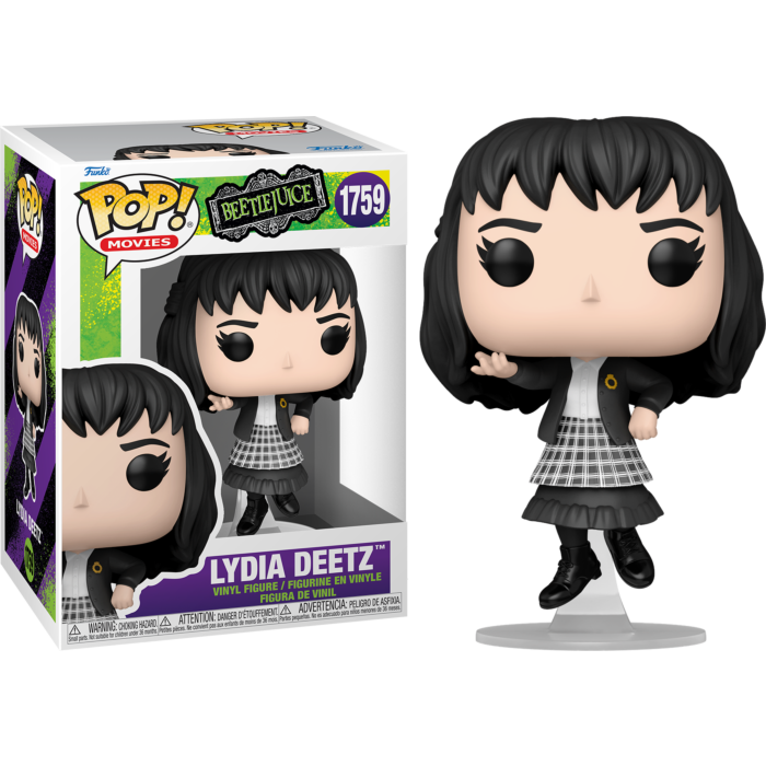 Figurka winylowa Pop! Lydia Deetz z czarnymi włosami i w kratkę spódnicą obok opakowania.