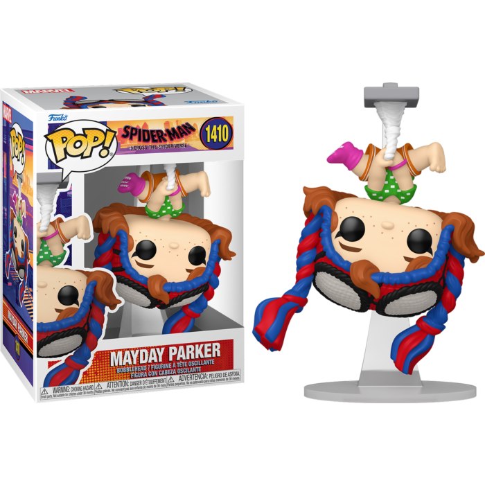 Figura Funko Pop de Mayday Parker colgando boca abajo de una telaraña, junto a su caja.