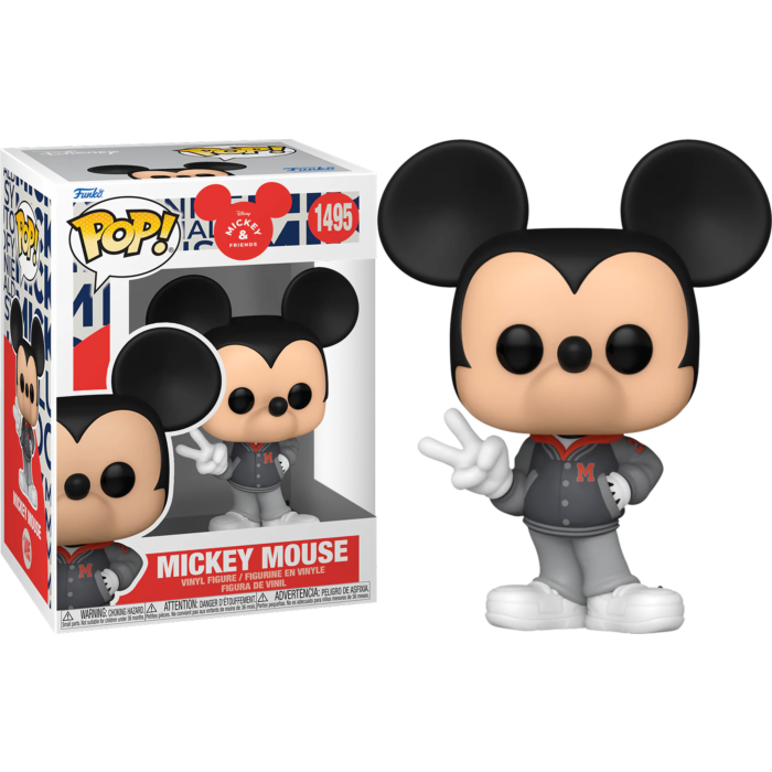 Figura Funko Pop Myszka Miki w kurtce uniwersyteckiej, stojąca obok opakowania na czarnym tle.