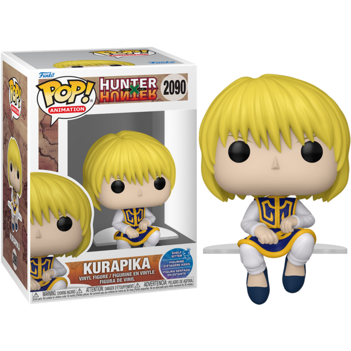 Figura de vinilo Funko Pop Kurapika sentada junto a su caja.