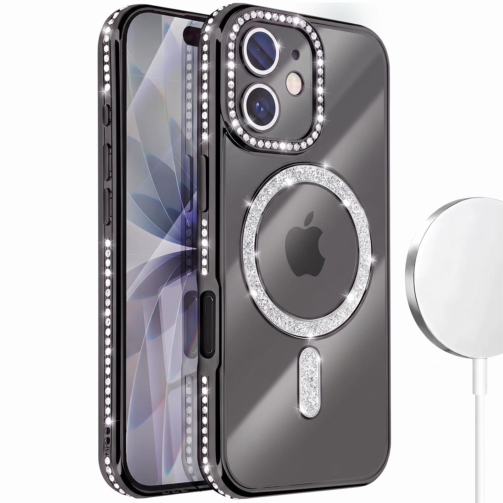 Custodia per iPhone nera glitterata con strass e anello MagSafe, accanto a un caricabatterie.