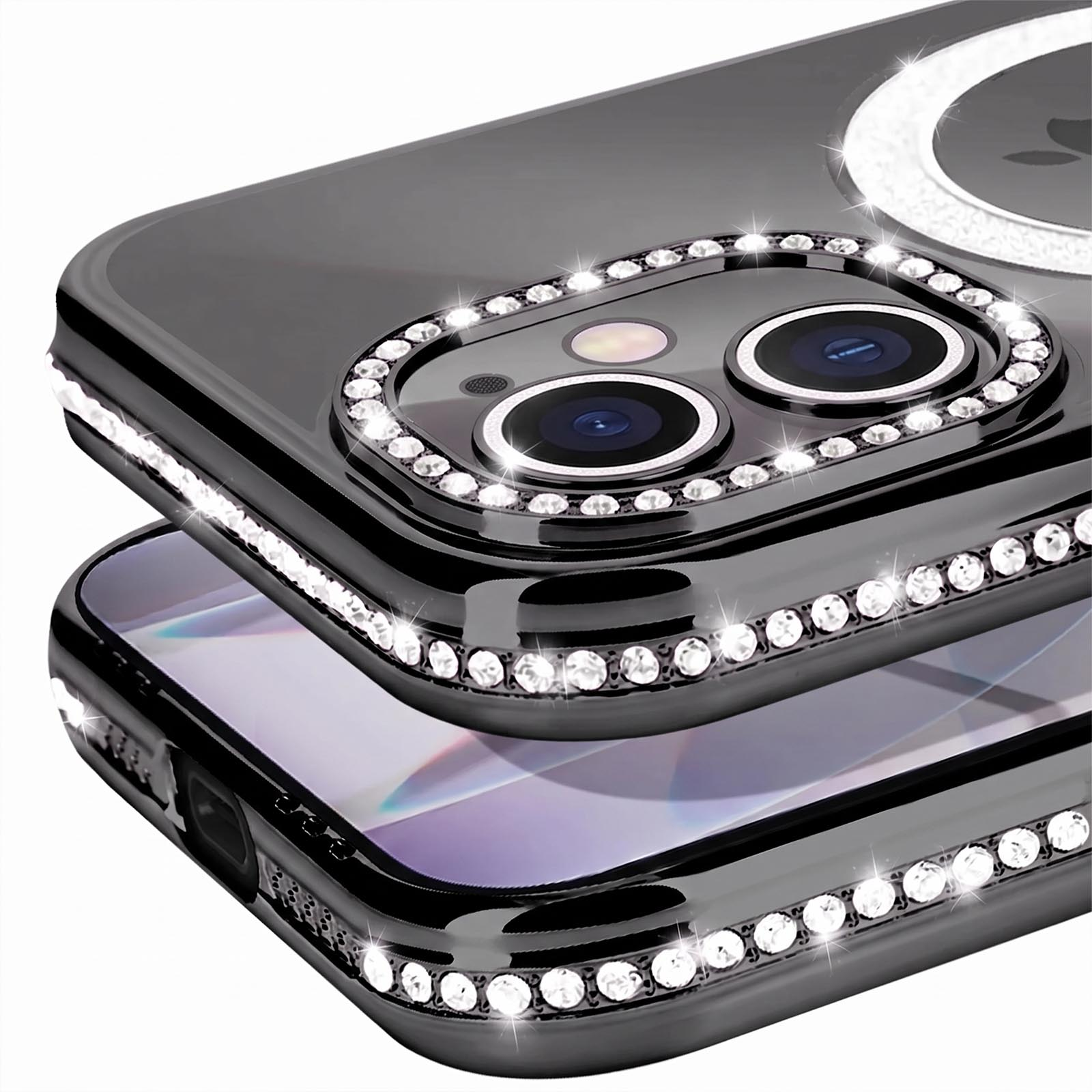 Una custodia per smartphone nera decorata con strass scintillanti intorno alla fotocamera e ai bordi, con telefono.