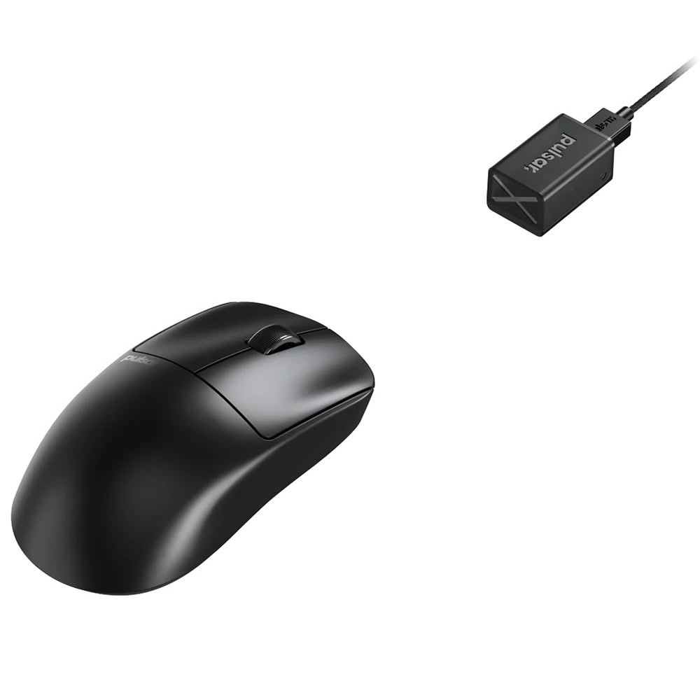 Beyaz arka planda siyah kablosuz fare ve USB alıcısı.