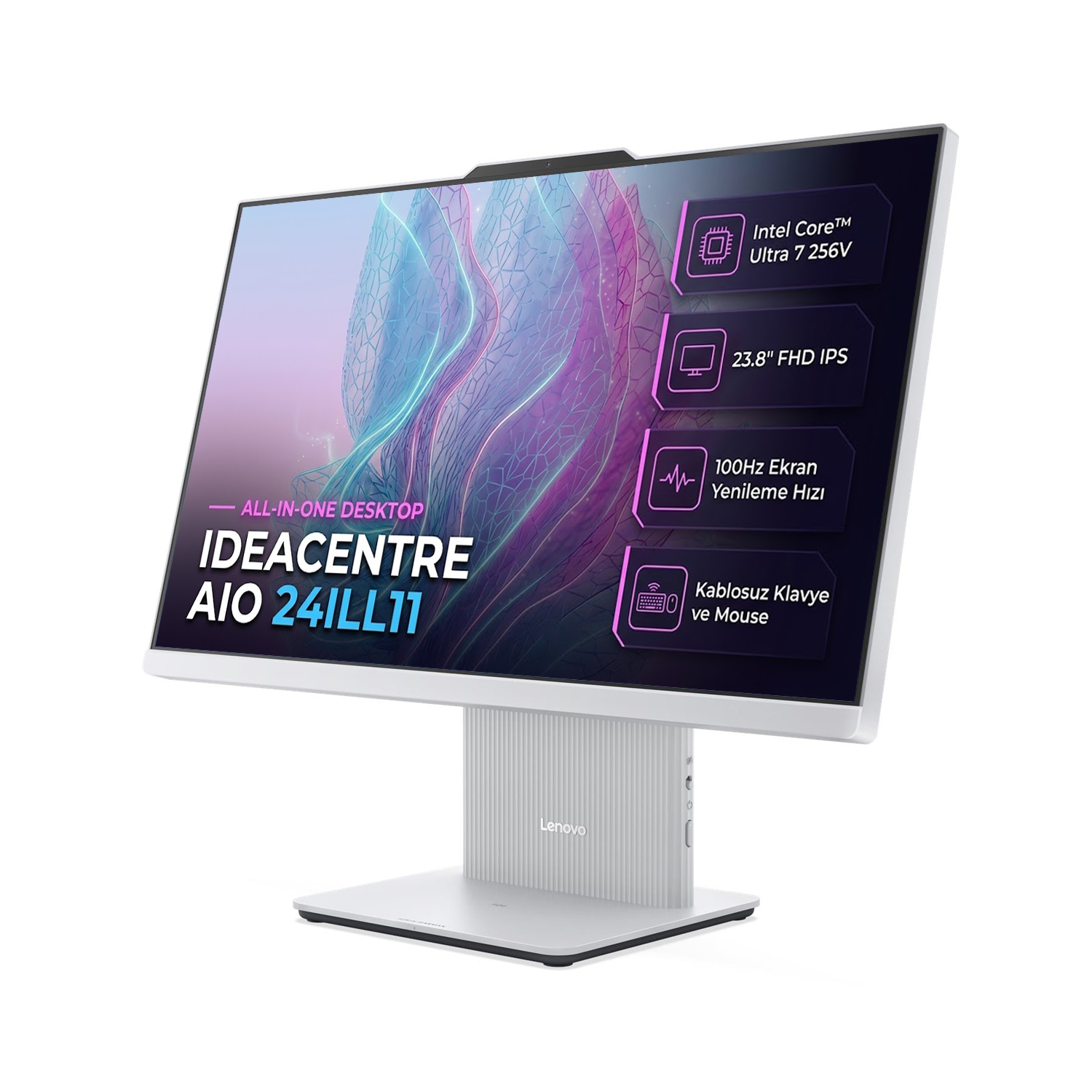 Ekranında özelliklerin yazılı olduğu beyaz bir Lenovo IdeaCentre all-in-one masaüstü.