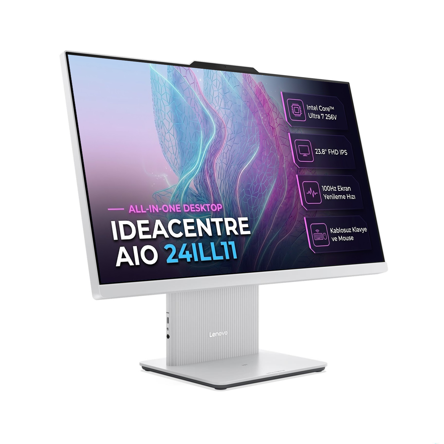 Beyaz ayaklı ve renkli ekranlı Lenovo IdeaCentre AIO 24ILL11 hepsi bir arada masaüstü bilgisayar.