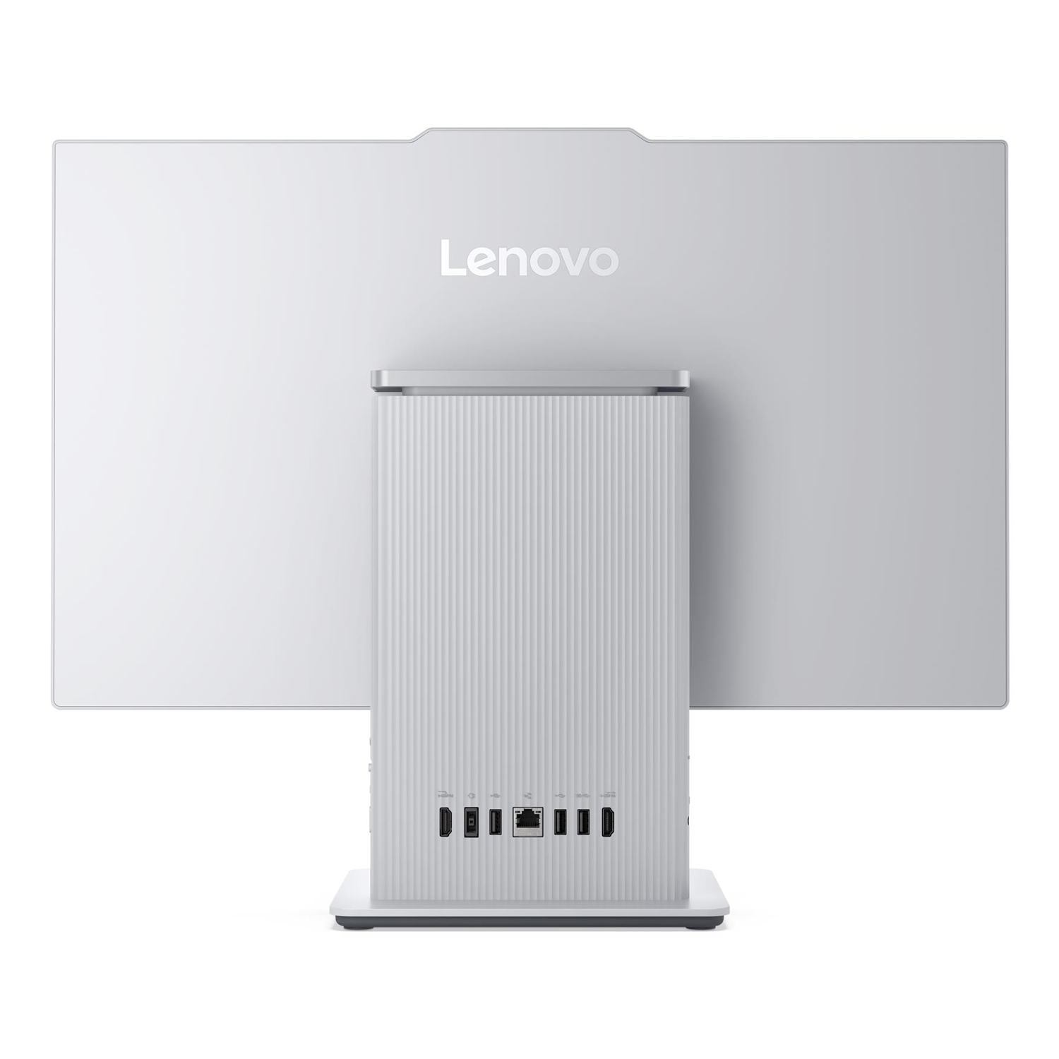Çeşitli bağlantı noktalarına sahip stand üzerindeki gümüş rengi Lenovo monitörün arka görünümü.
