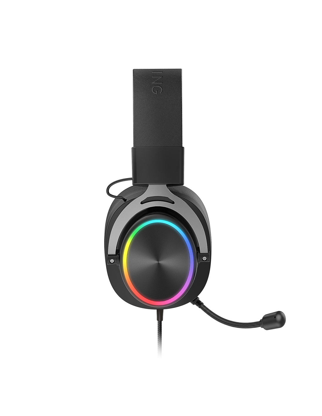 Cuffie da gioco nere con anello LED arcobaleno, microfono attaccato e cavo su sfondo bianco.