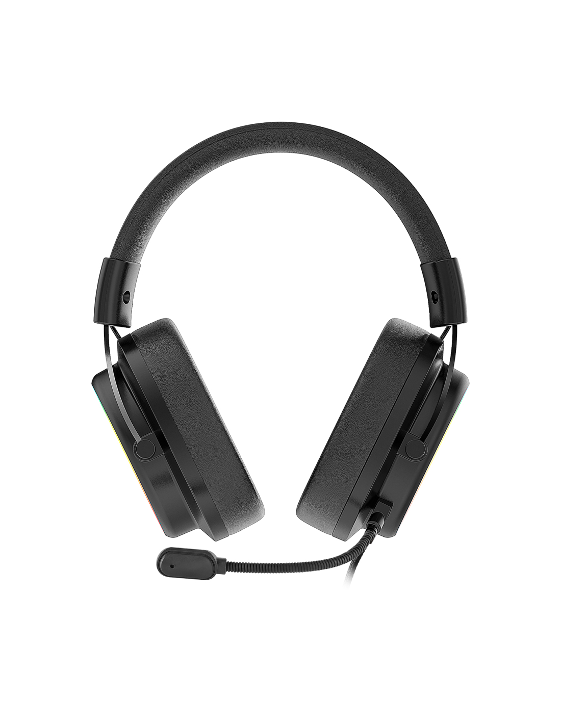 Un paio di cuffie da gioco nere over-ear con microfono collegato su sfondo bianco.