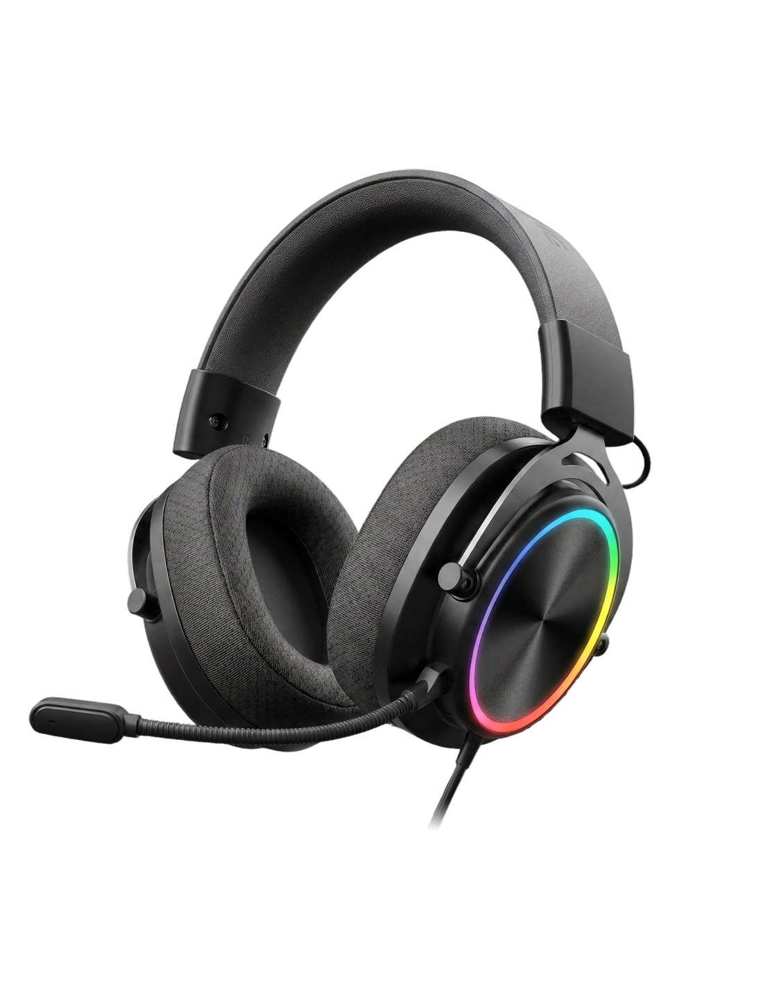 Cuffie da gioco nere con padiglioni imbottiti, microfono e luce RGB colorata sul padiglione su sfondo bianco.