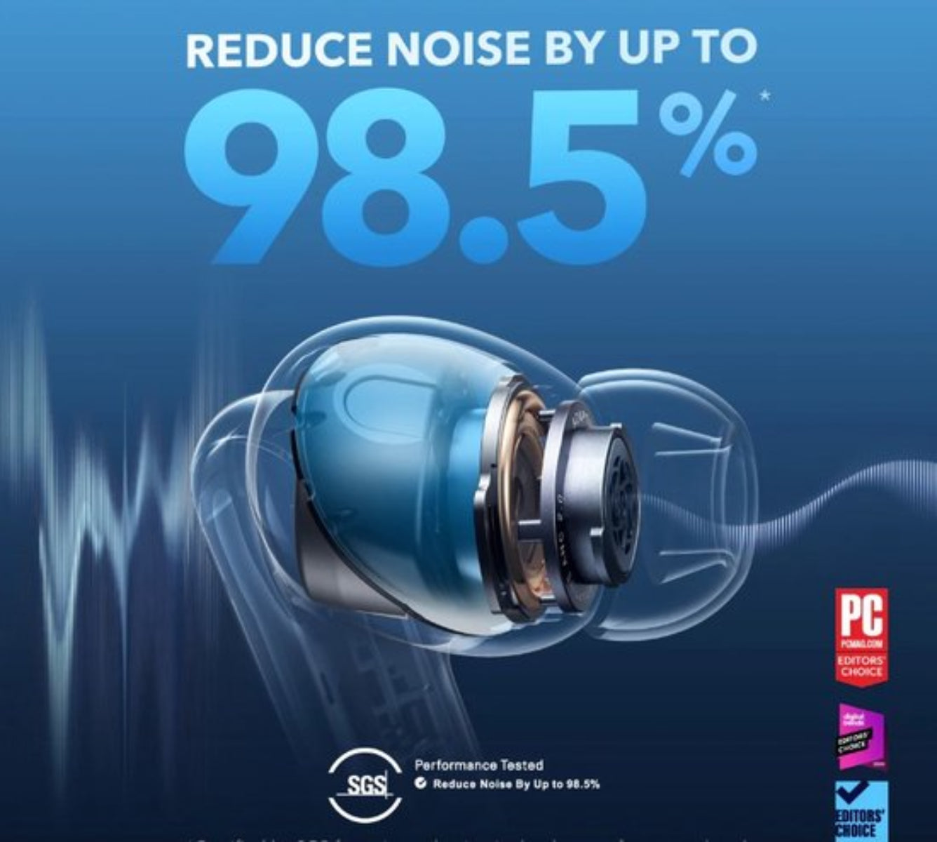Une publicité montre un écouteur transparent mettant en valeur une réduction du bruit de 98,5%.