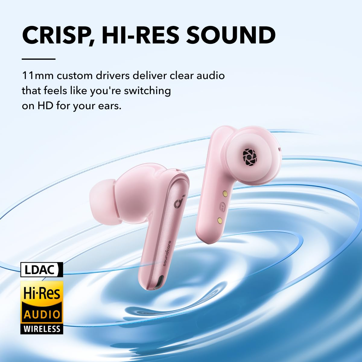 Des écouteurs sans fil roses survolent l'eau, accompagnés de texte et de logos Hi-Res Audio.
