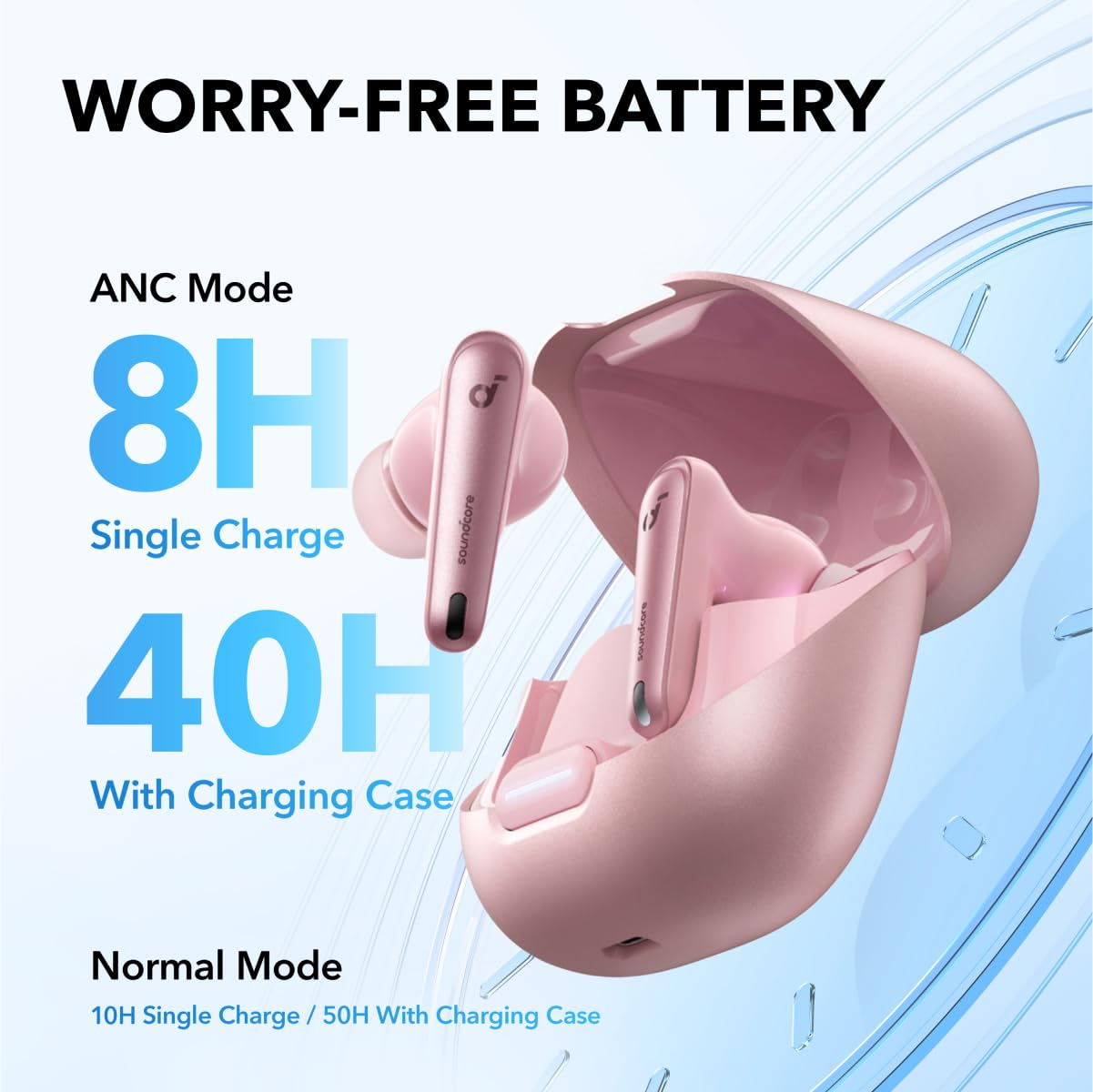 Écouteurs sans fil roses dans un étui de charge sur fond bleu avec détails de batterie.