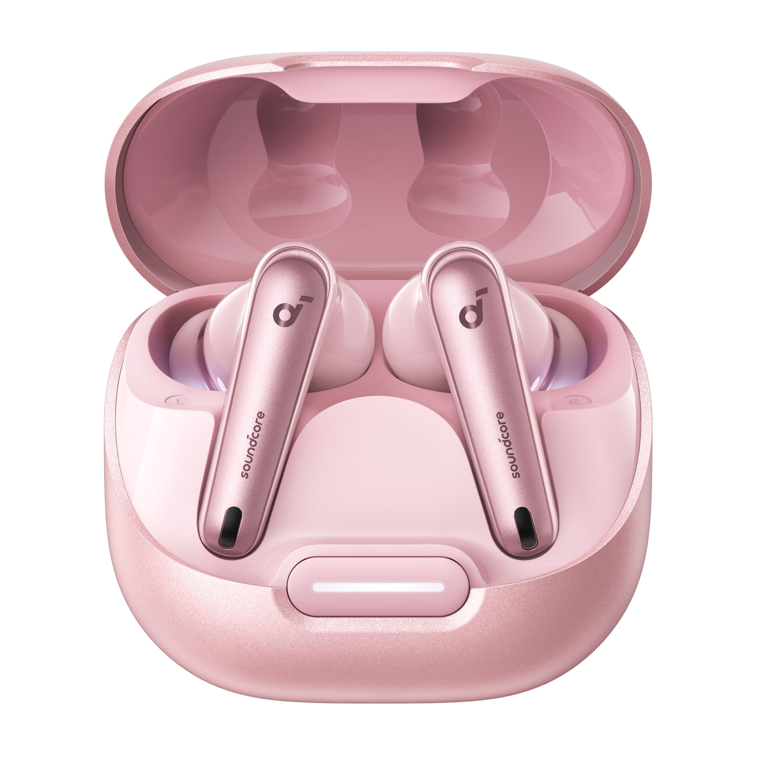 Écouteurs intra-auriculaires sans fil roses dans un étui de chargement ouvert avec le logo Soundcore.