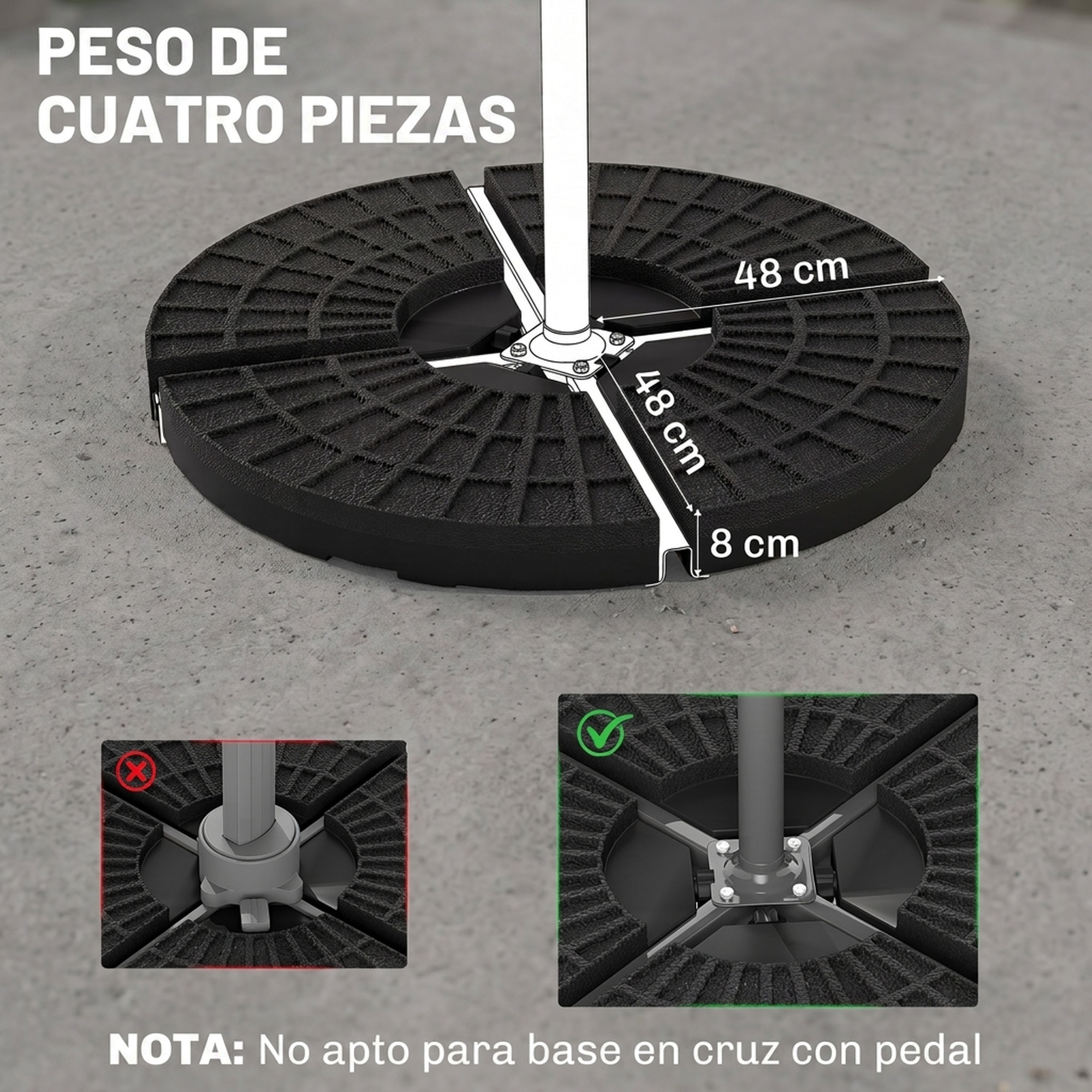 Base de sombrilla negra de cuatro piezas con dimensiones de 48x48x8 cm y detalles de compatibilidad.
