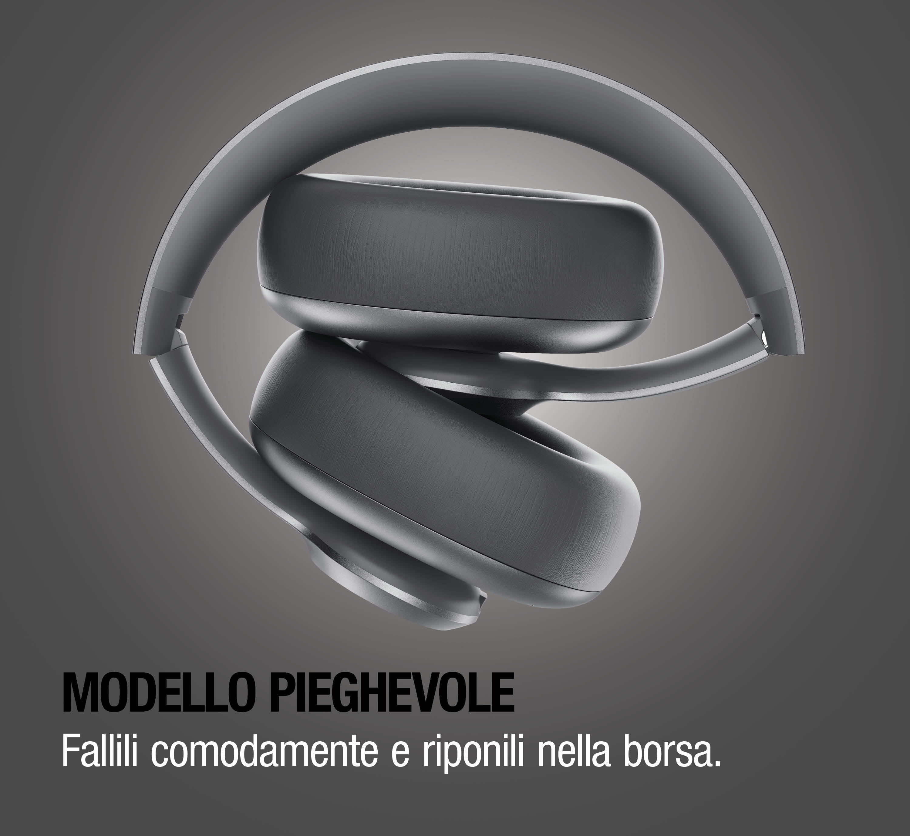 Cuffie pieghevoli grigie su sfondo scuro con testo in italiano in basso.