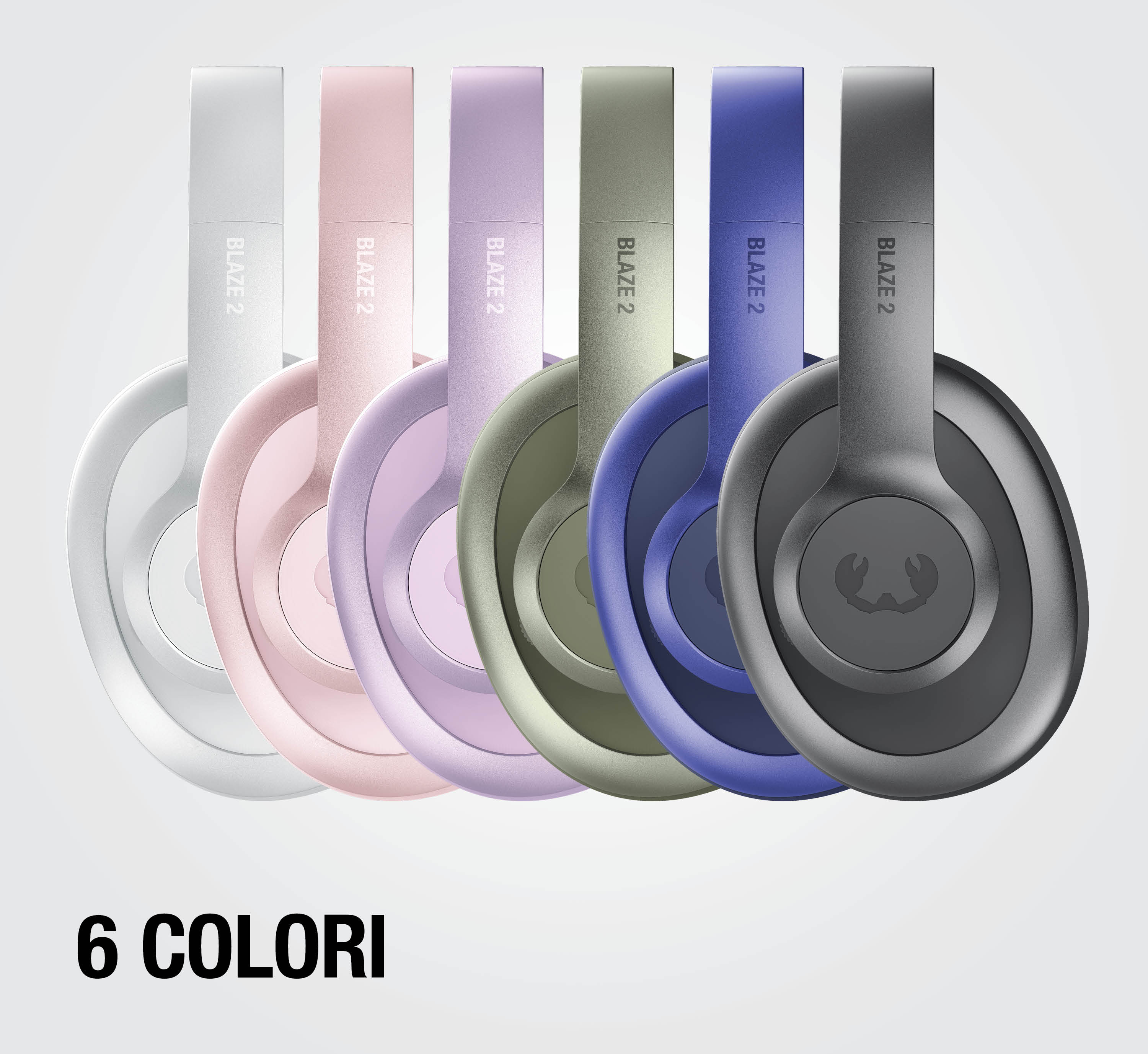 Sei cuffie Blaze 2 colorate allineate su sfondo grigio chiaro, con la scritta "6 COLORI".
