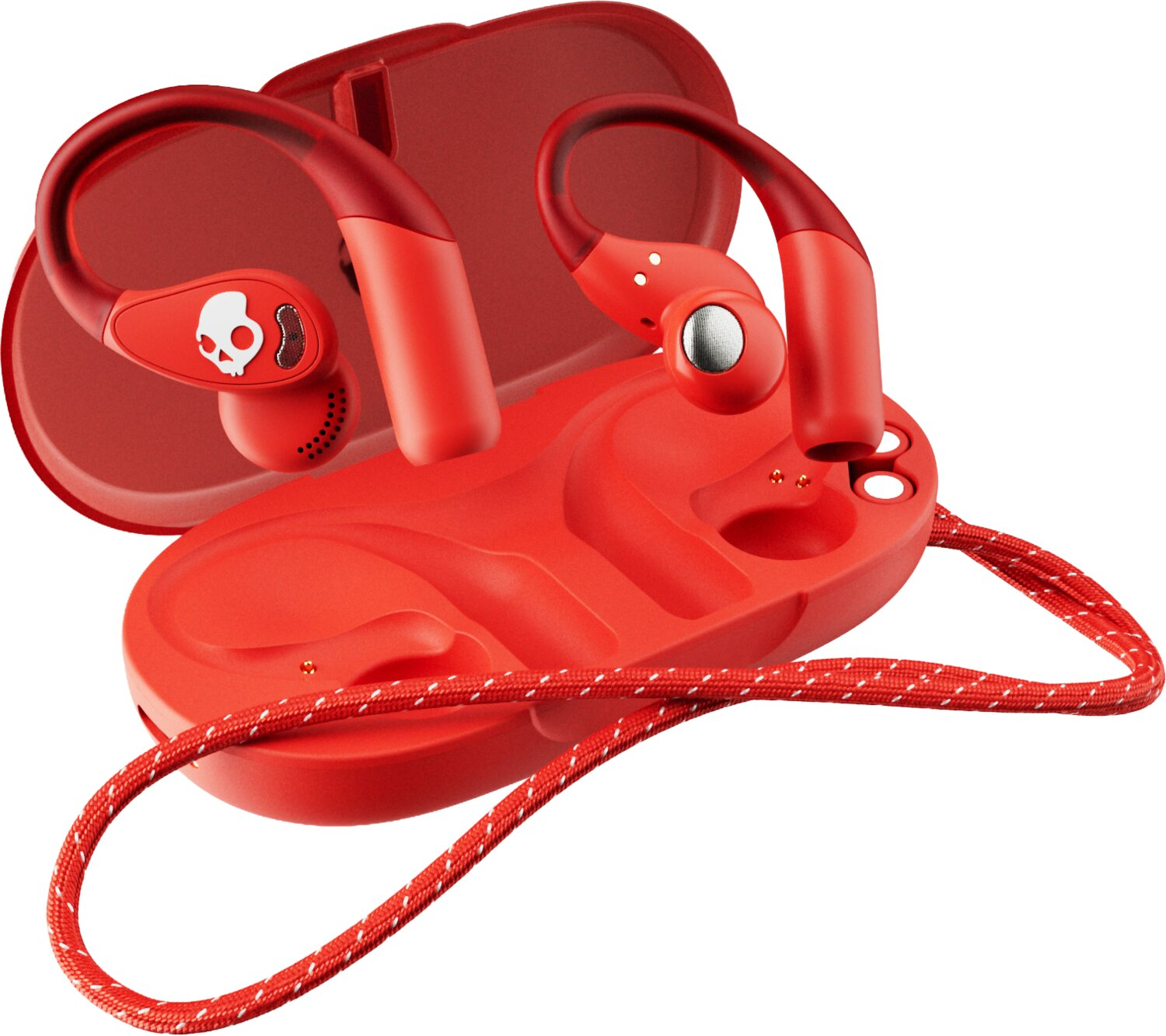 Auriculares inalámbricos rojos con ganchos para las orejas en un estuche de carga rojo con cordón.