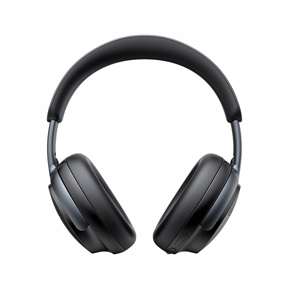 Eleganti cuffie wireless nere su sfondo bianco, viste frontalmente.