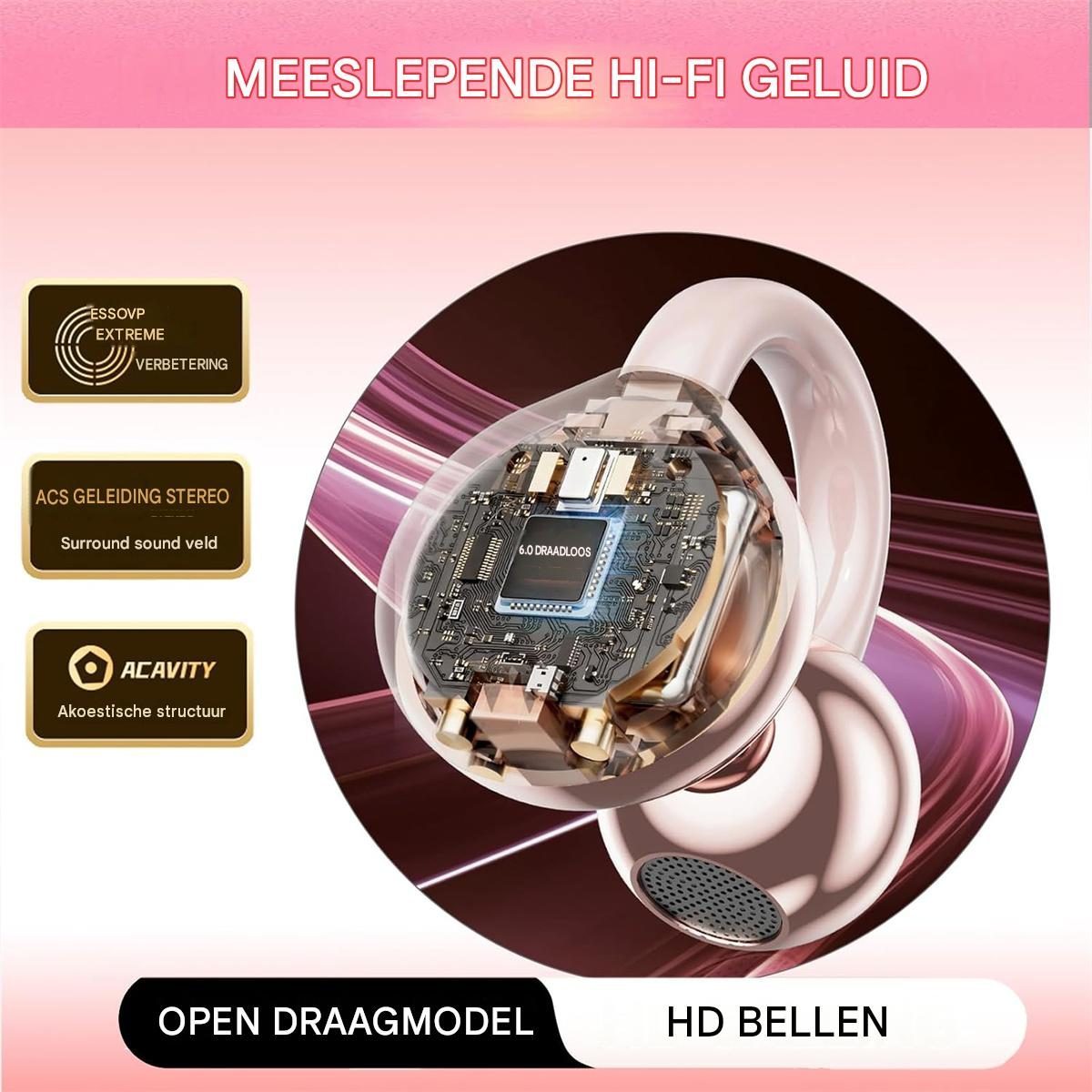 Rosegoldener offener Ohrhörer mit sichtbarem Chip und Schaltkreis im Inneren, eingebettet in ein pinkes Werbebild.