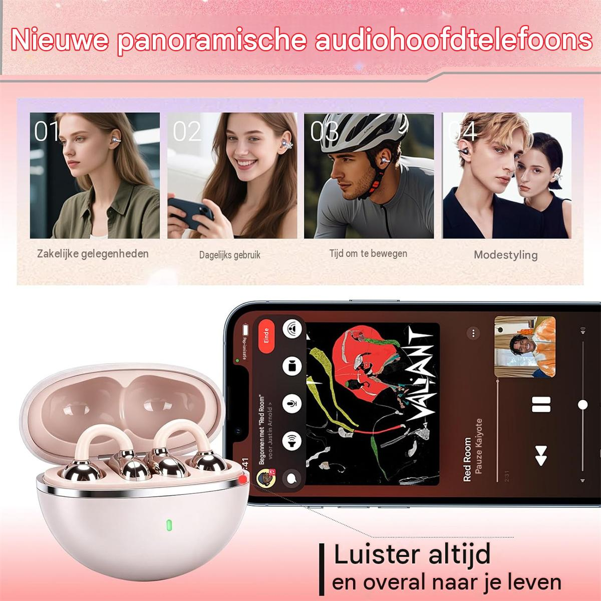 Werbebild für kabellose Ohrhörer mit verschiedenen Lebensszenen und einem Smartphone mit Musik-App.