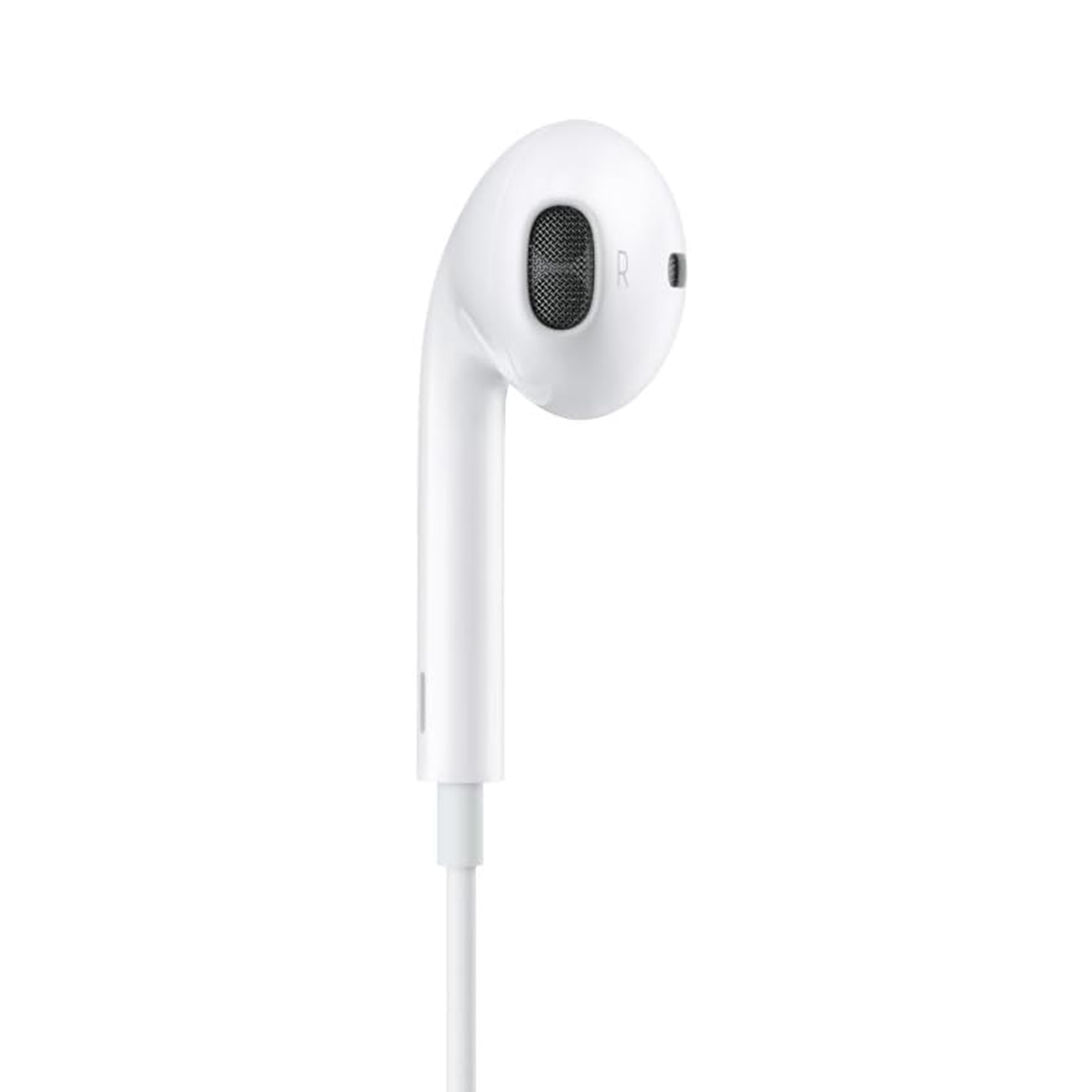 Un auricolare cablato bianco con griglia scura su sfondo bianco.