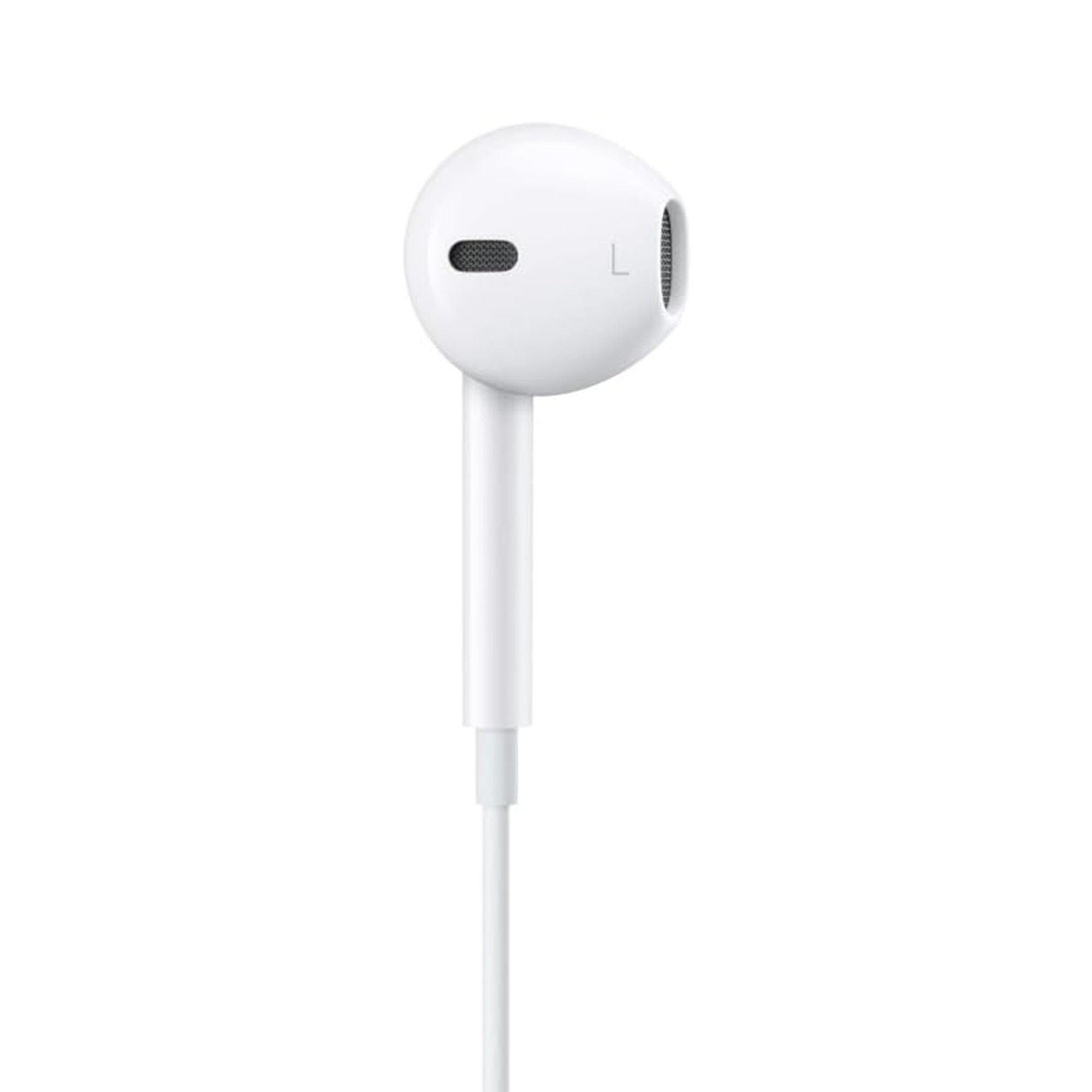 Un auricolare cablato bianco su uno sfondo bianco.