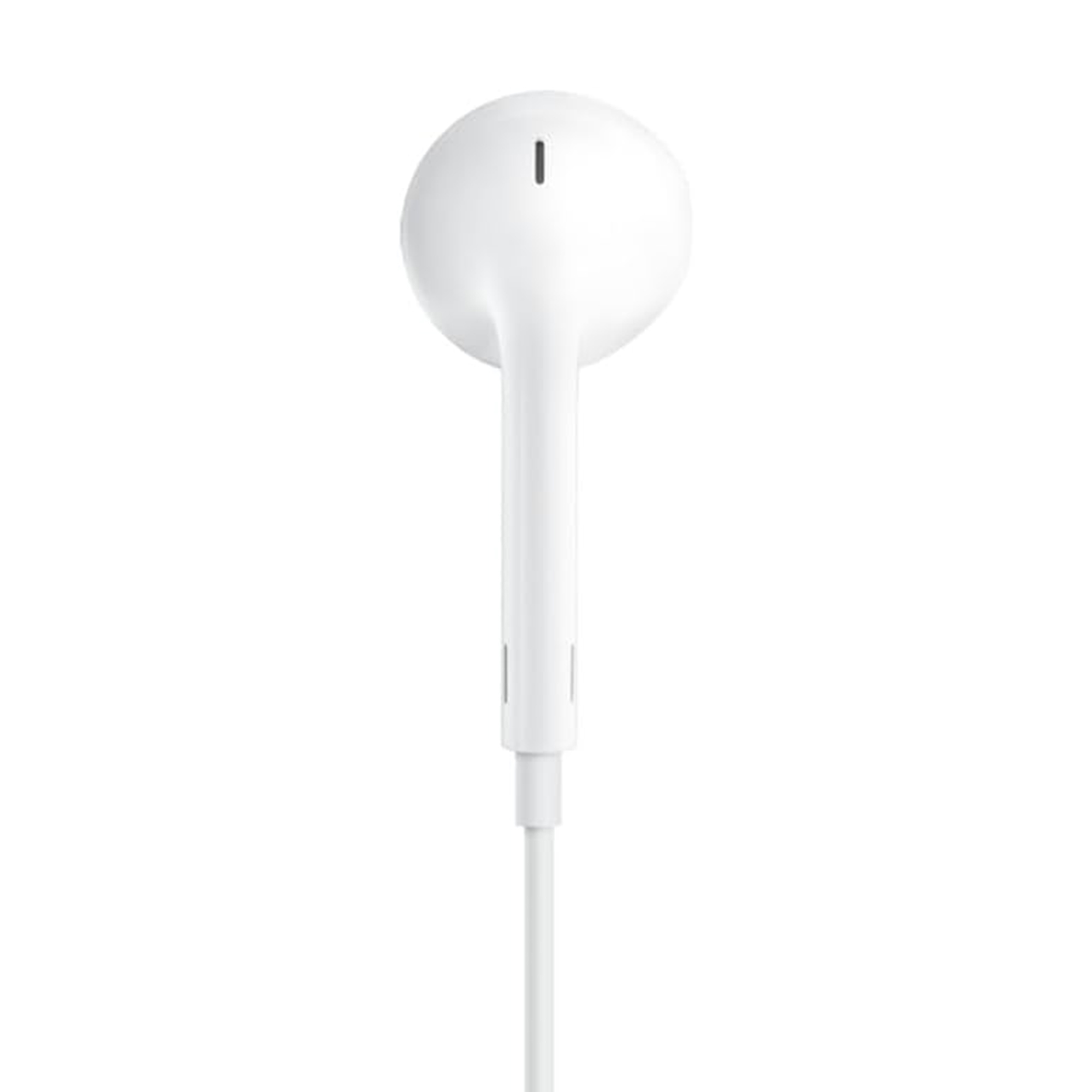 Un auricolare con cavo bianco su sfondo bianco.
