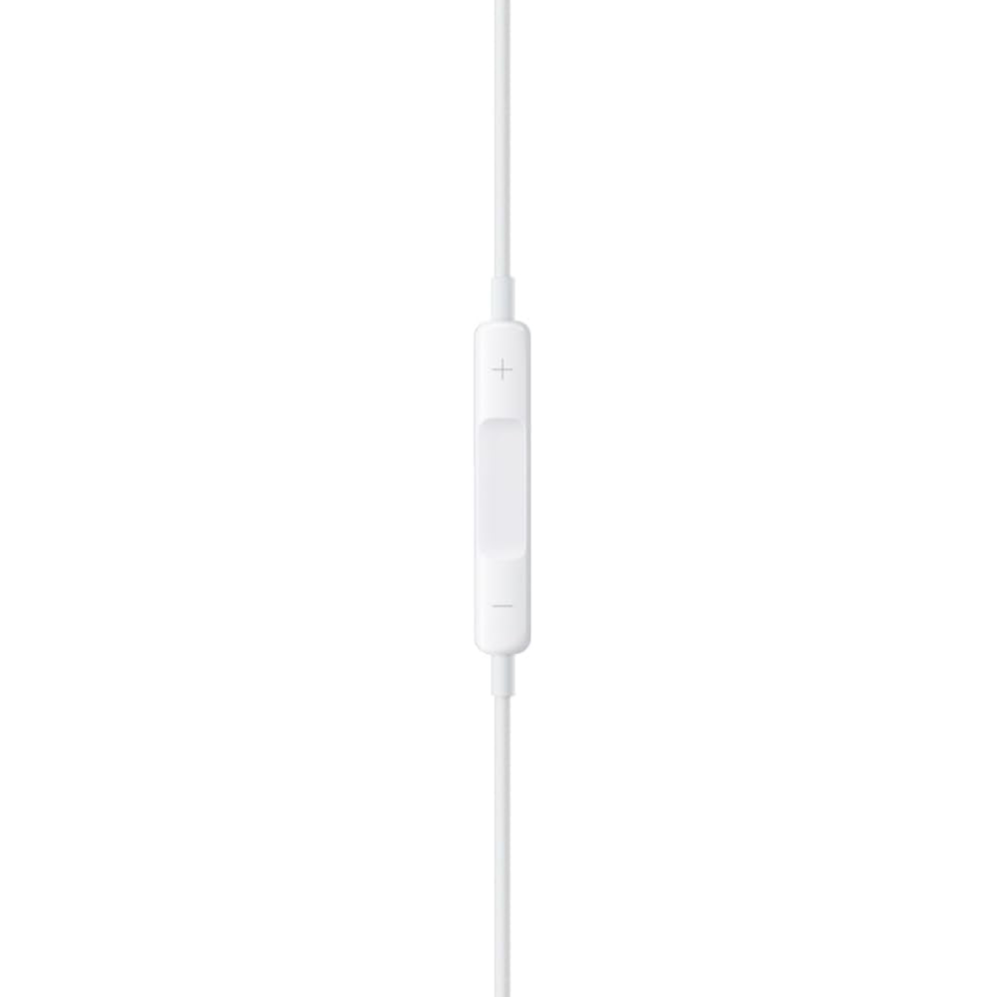 Un telecomando per cavo per cuffie bianco con pulsanti del volume su sfondo bianco.