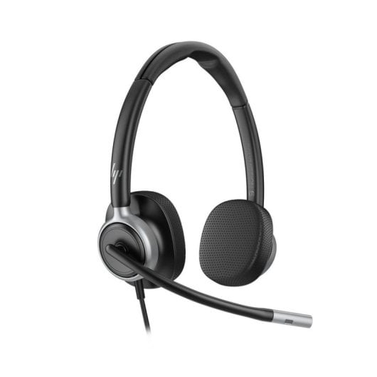 Cuffie on-ear nere con braccio del microfono e cavo su sfondo bianco.