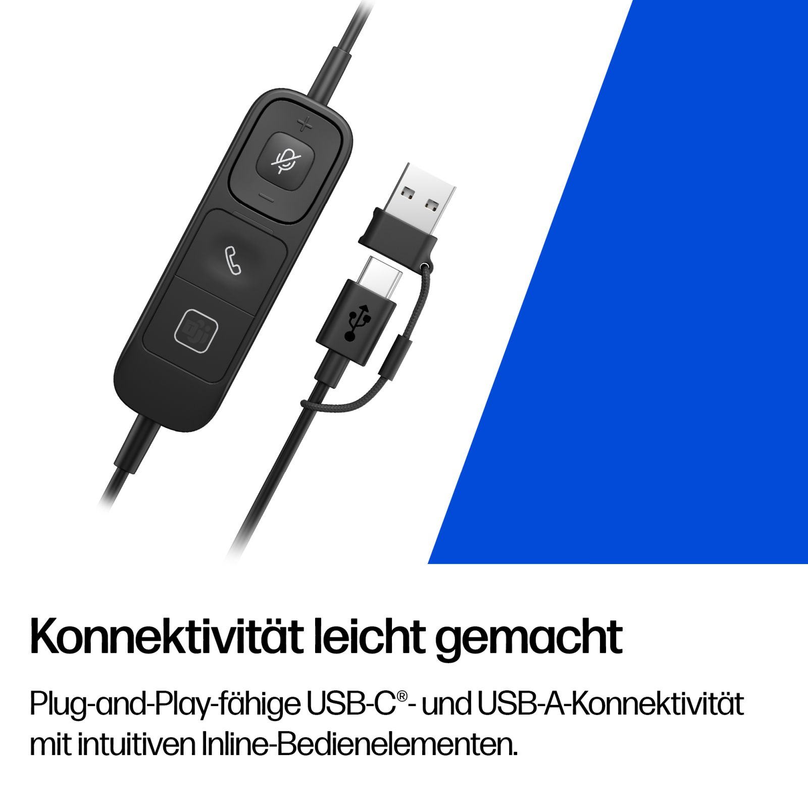 Telecomando in linea nero con pulsanti vicino ai connettori USB-C e USB-A su sfondo blu.