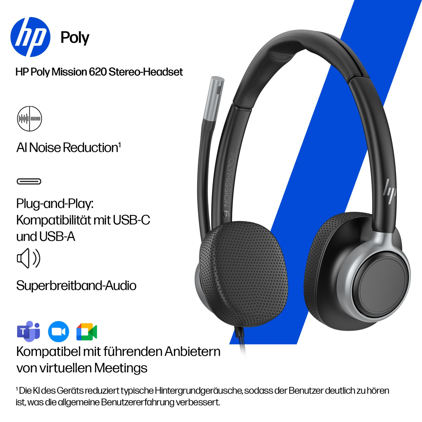 Cuffie stereo HP Poly Mission 620 con riduzione del rumore IA e USB.