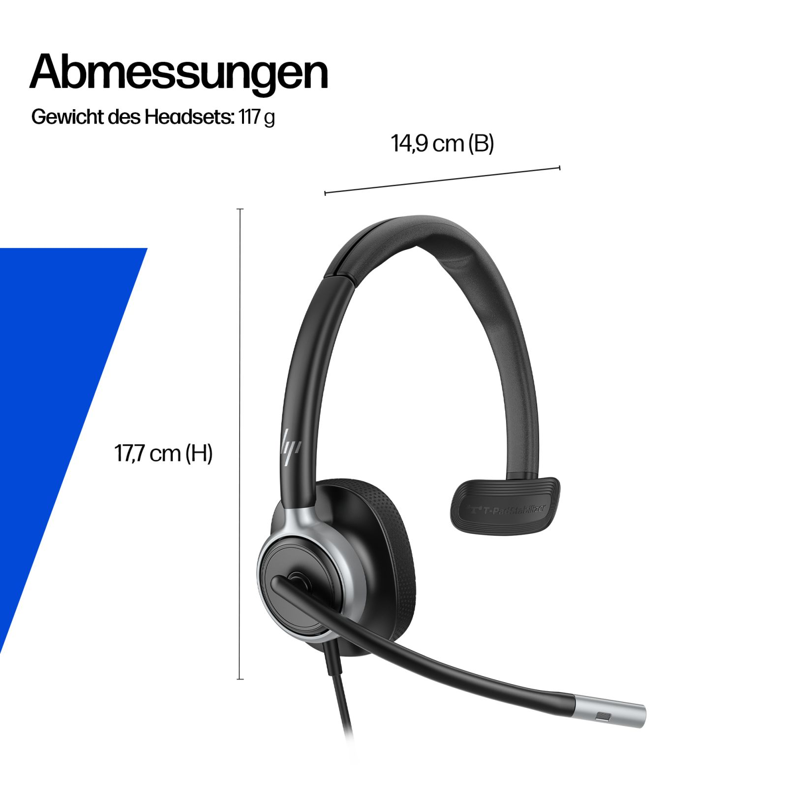 Cuffie nere con dimensioni di 17,7 cm di altezza e 14,9 cm di larghezza, peso 117 g.