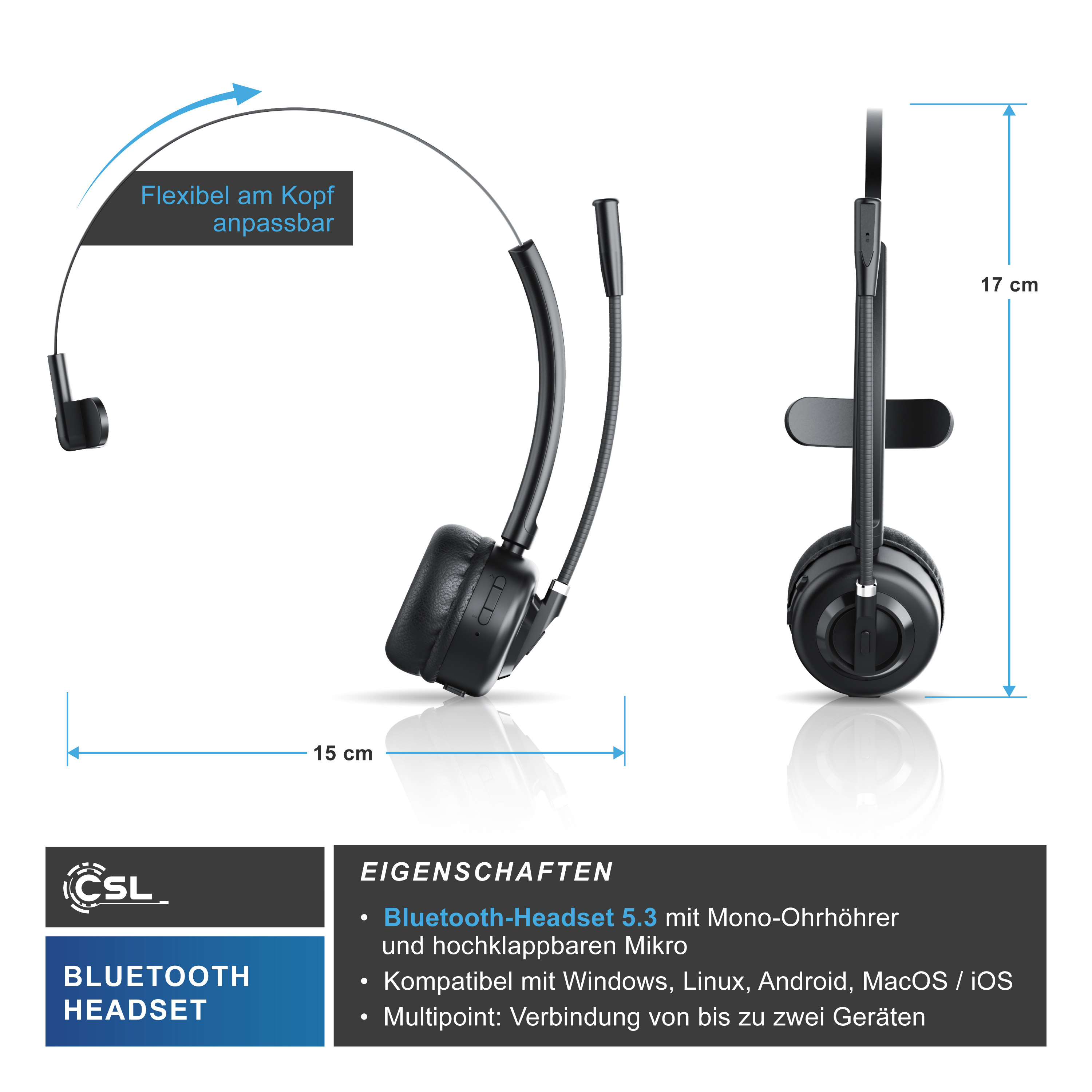 Schwarzes Mono-Bluetooth-Headset mit Abmessungen und Funktionsliste.