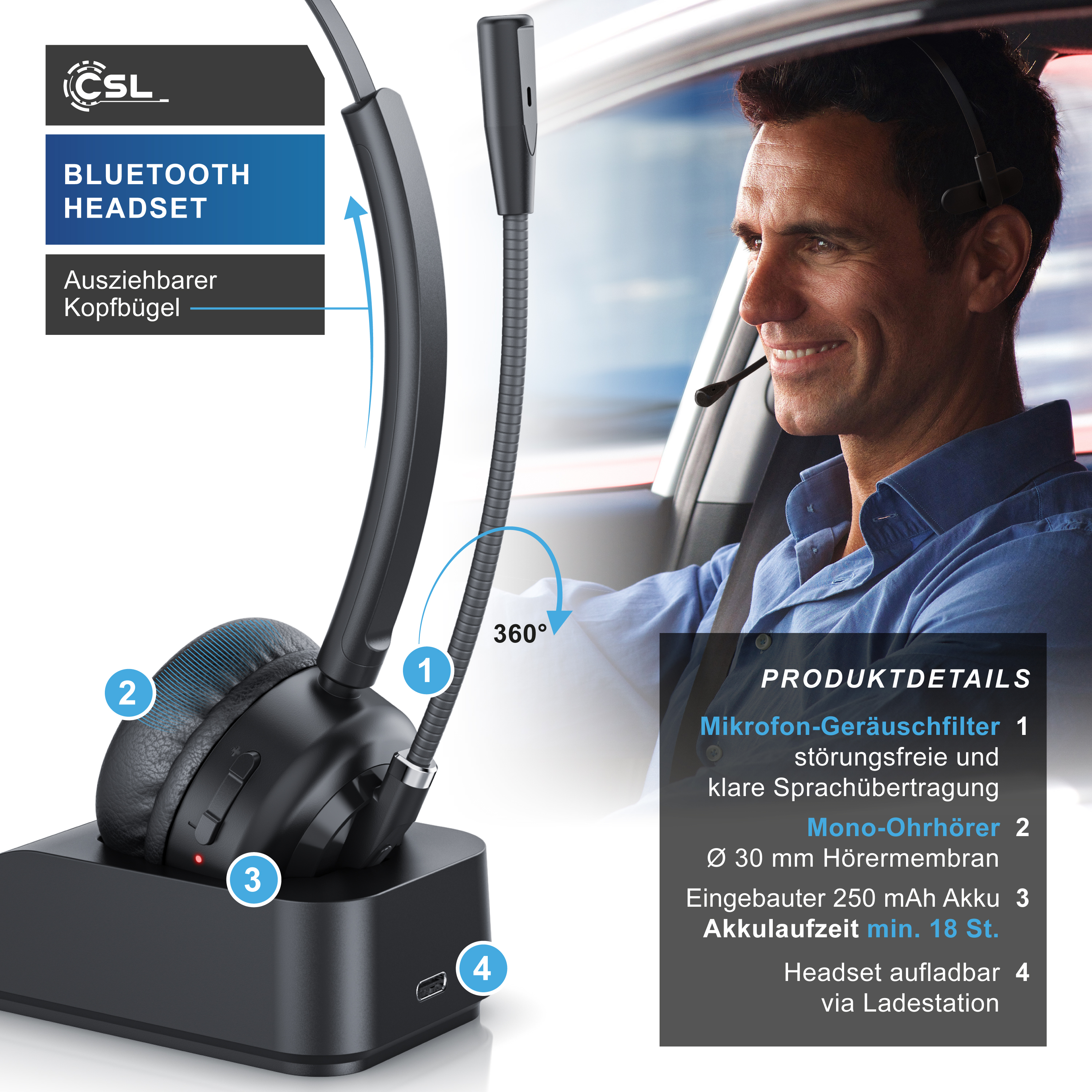 Ein schwarzes Bluetooth-Headset auf Ladestation mit Produktdetails und einem lächelnden Mann, der es im Auto trägt.