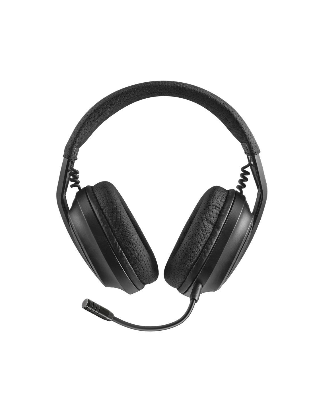 Cuffie da gaming over-ear nere con archetto e braccio del microfono su sfondo bianco.
